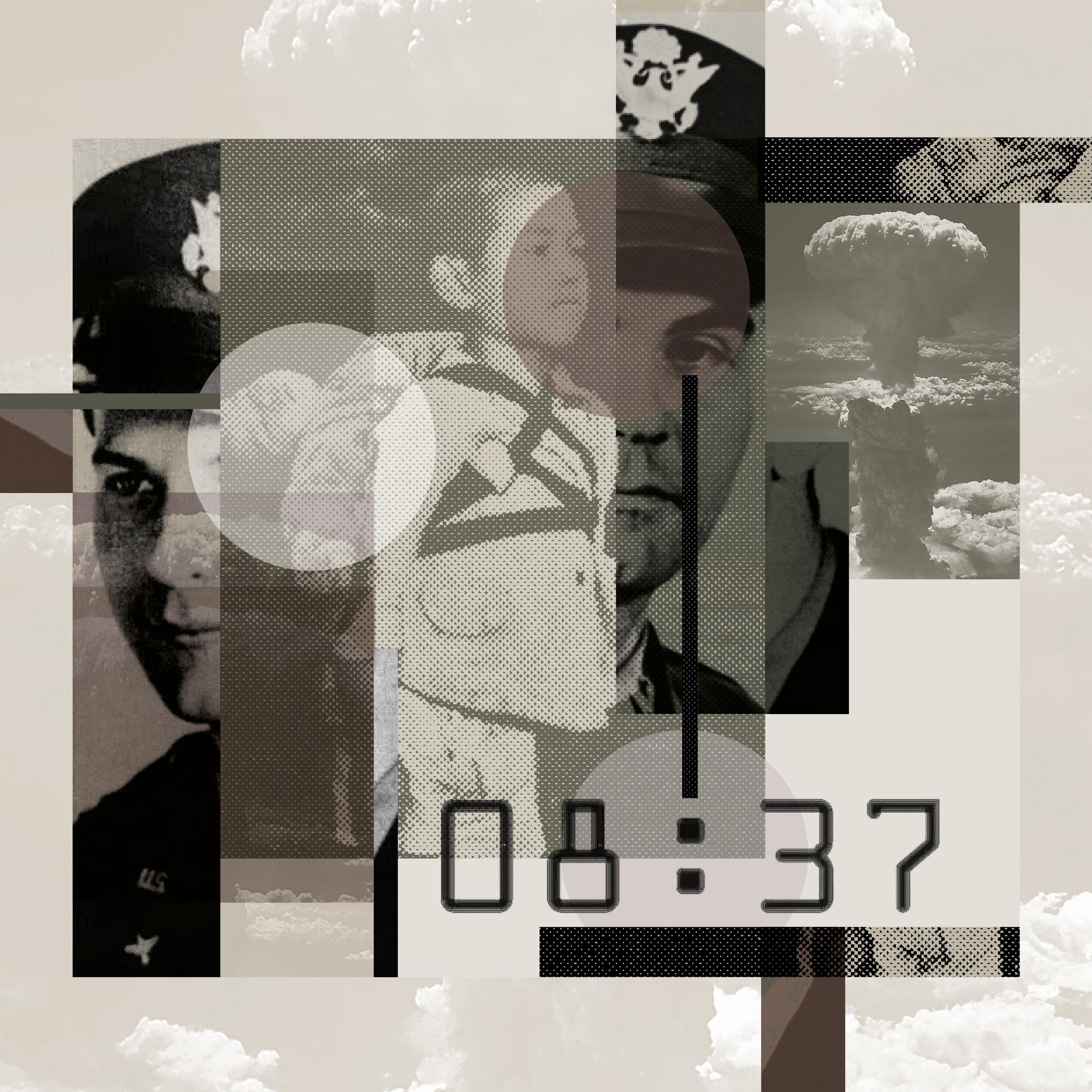 Collage di immagini d'archivio del bombardamento di Hiroshima con la scritta 08:37